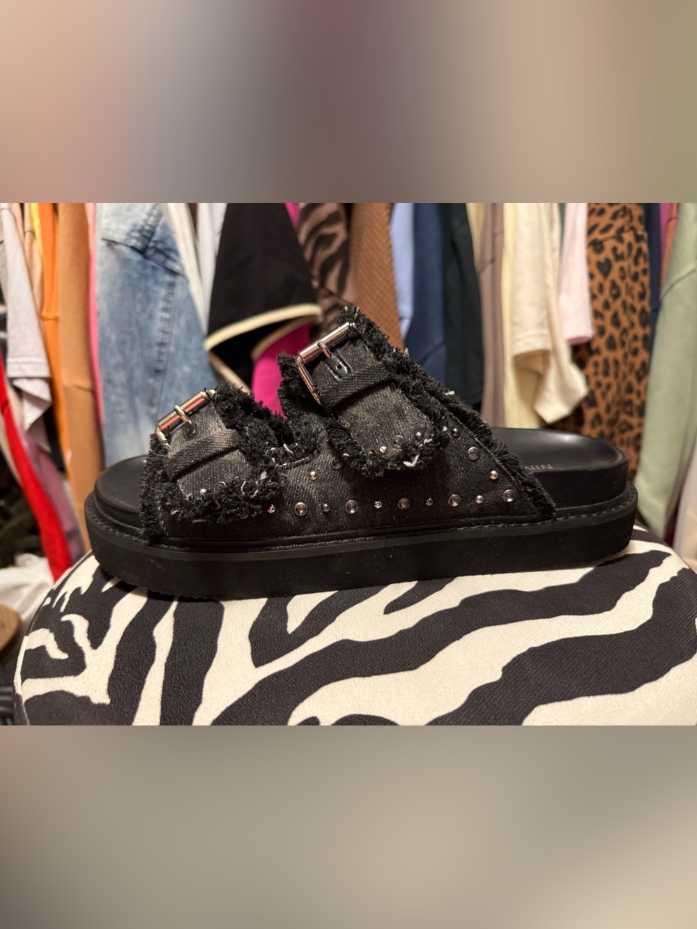 Nine West Black Studded Fringe Double-Buckle Slide Sandals